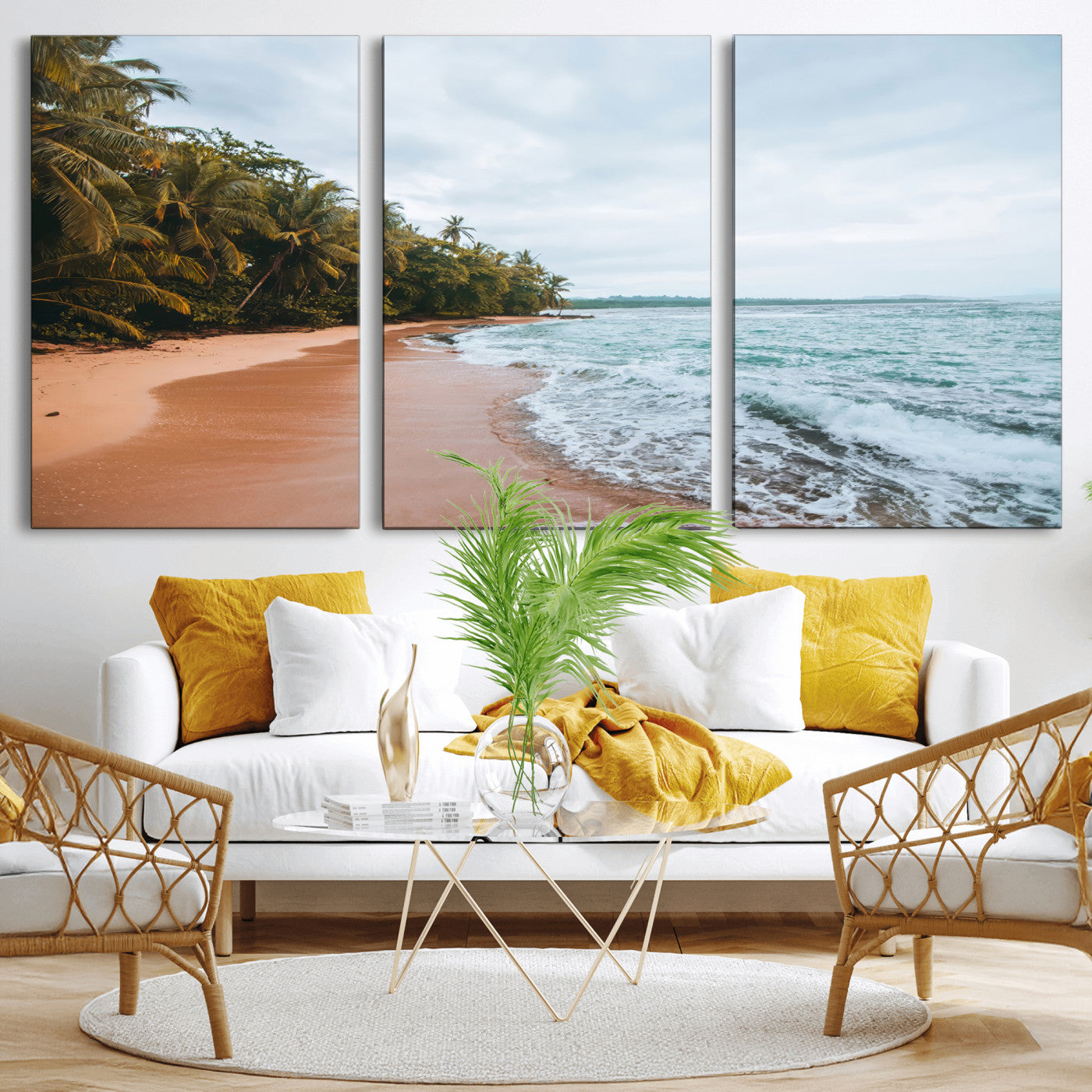 Framed canvas of a tropical beach with palm trees and soft waves, ideal for coastal escape or serene nature-inspired home decor.