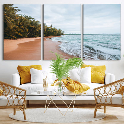 Framed canvas of a tropical beach with palm trees and soft waves, ideal for coastal escape or serene nature-inspired home decor.