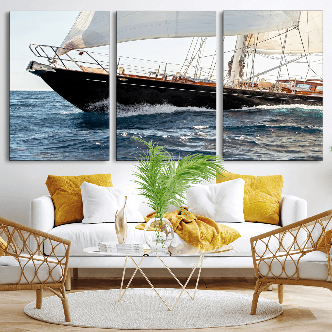 Close-up of a classic sailing yacht with wooden deck and full sails, perfect for nautical or coastal-style decor in ocean-themed spaces.