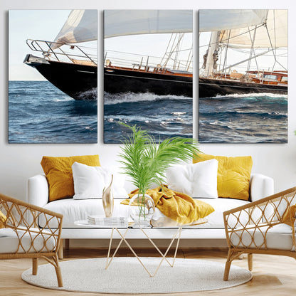 Close-up of a classic sailing yacht with wooden deck and full sails, perfect for nautical or coastal-style decor in ocean-themed spaces.