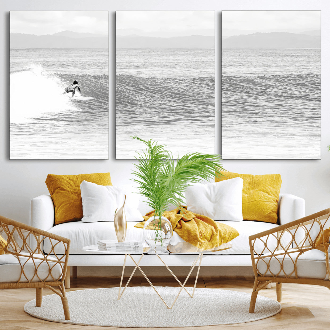 Monochrome photo of a surfer riding a wave with distant mountains, ideal for coastal motion or black and white surf-themed wall decor.