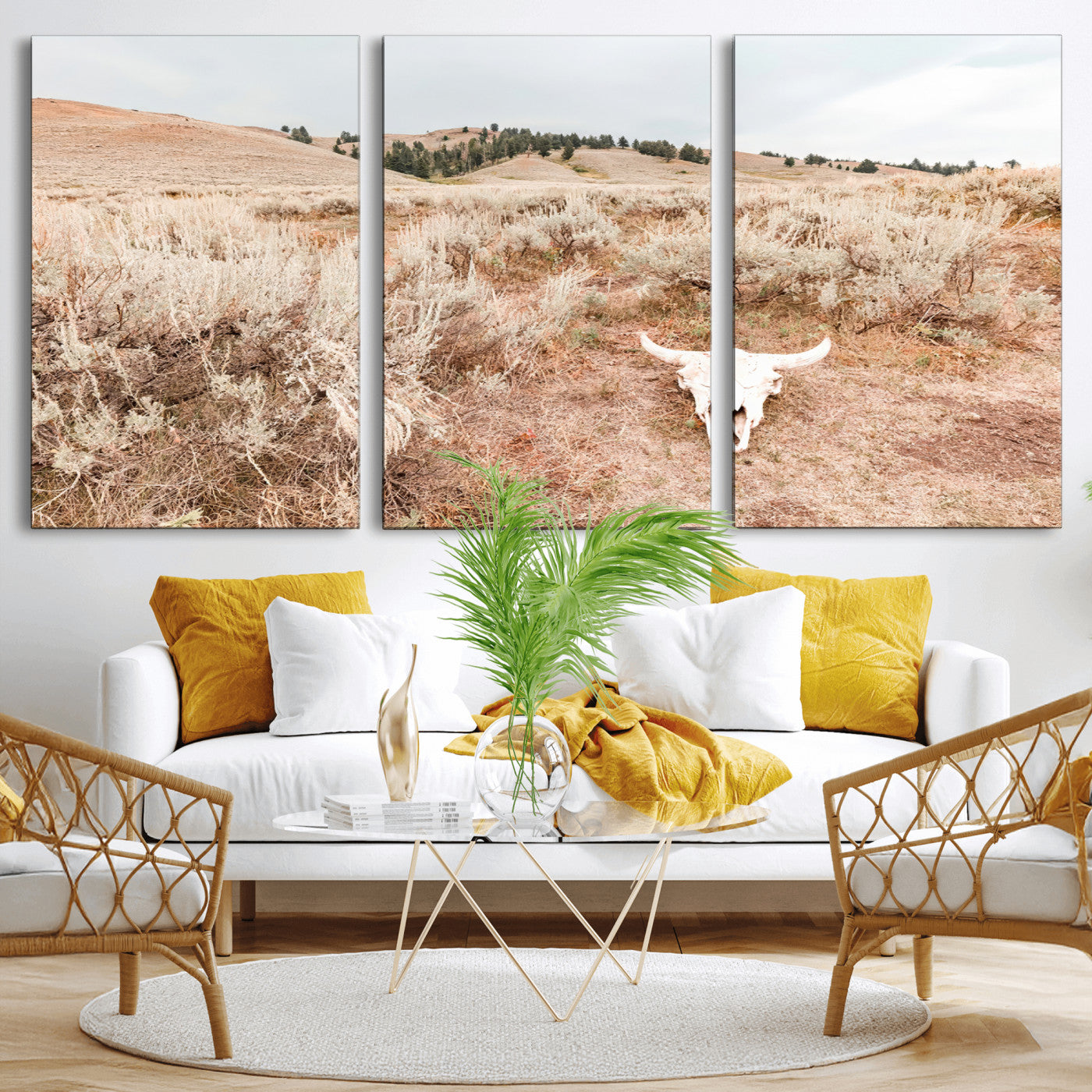 Rustic bull skull on dry sagebrush field under soft light, ideal for western minimal or desert prairie-style wall decoration.