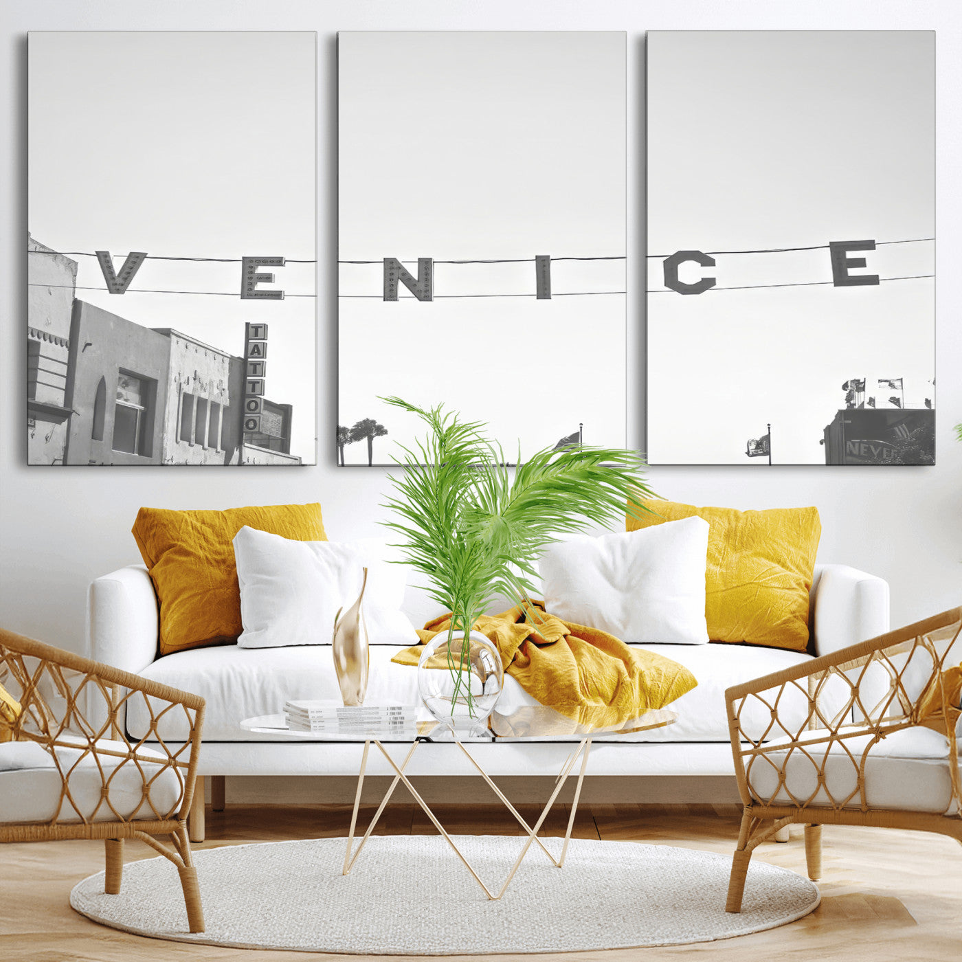 Black and white photo of Venice Beach sign and palm-lined street, perfect for urban coastal or minimalist LA-inspired wall decoration.