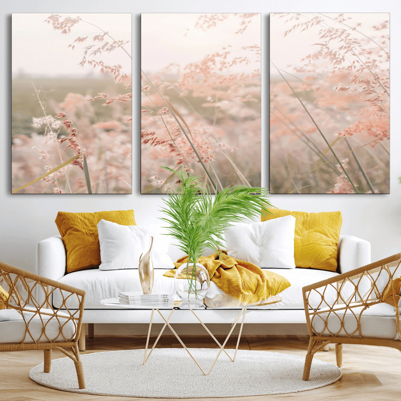 Soft pastel field with wild grasses in warm light, ideal for minimal nature or airy countryside-inspired interior wall decoration.