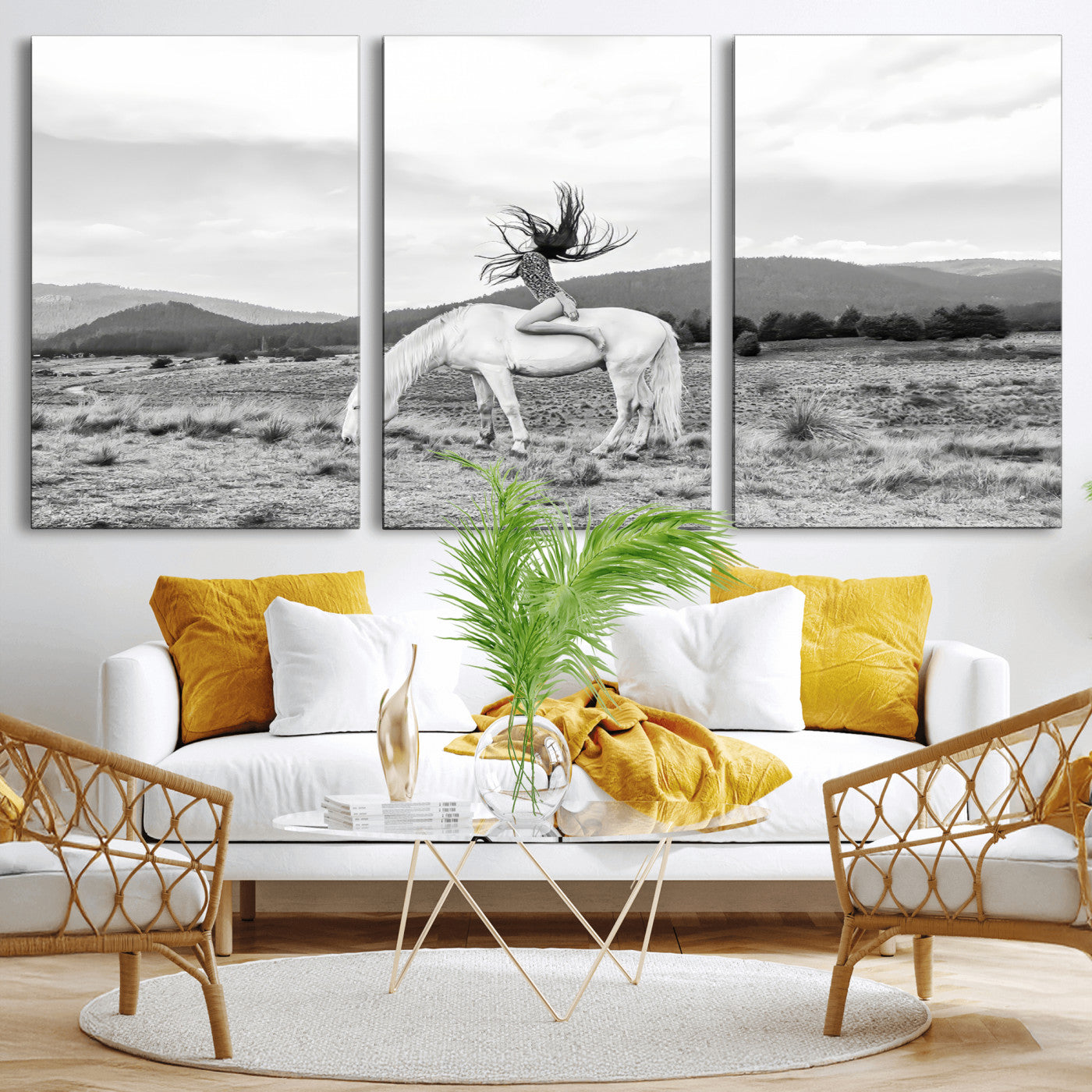 Black and white photo of a woman on a white horse in moody tones, ideal for Western Boho or modern rustic-style home decor.
