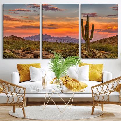Vibrant desert sunset with saguaro cacti and distant mountains, perfect for Southwestern or warm-toned home decor.