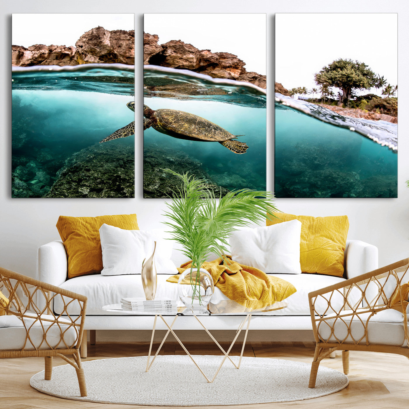 Dynamic split-view photo of a sea turtle swimming near rocky shores, perfect for vibrant coastal or tropical beach home decor.
