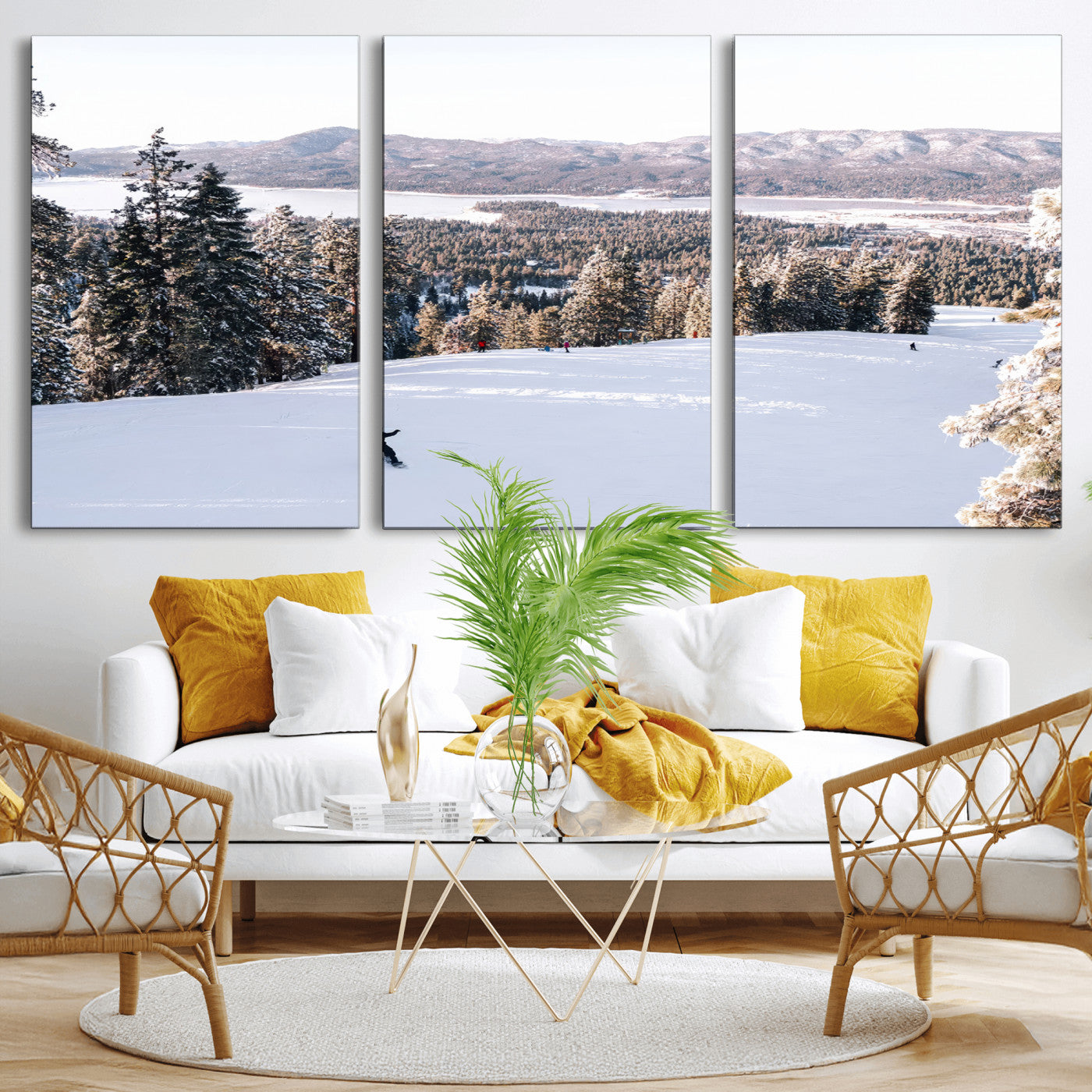 Canvas of a snowy mountain ski slope with pine trees and bright winter light, ideal for modern rustic or alpine-inspired home decor.