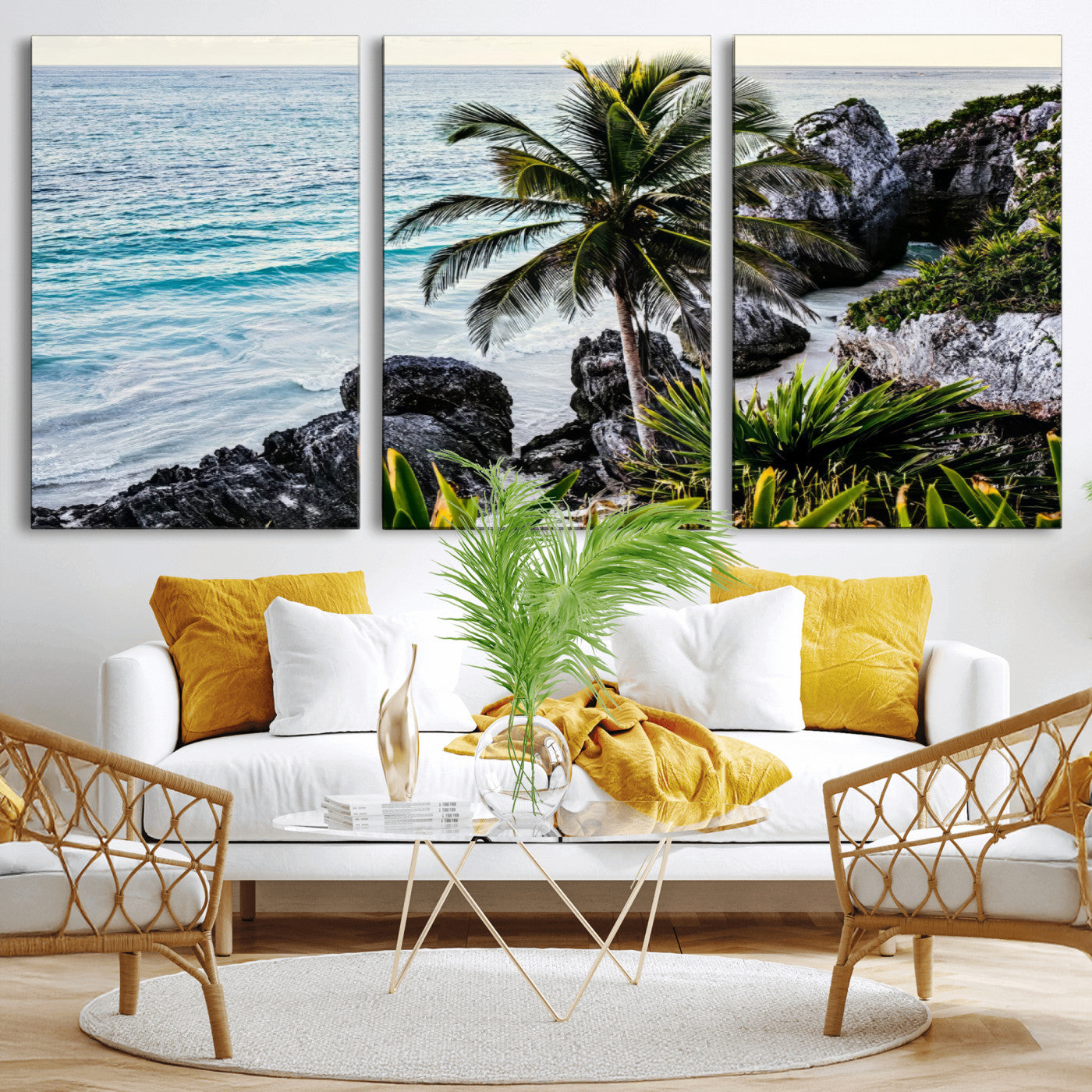 Framed canvas of a vibrant tropical coastline with palm trees, rocky cliffs, and turquoise waters, ideal for tropical coastal home decor.