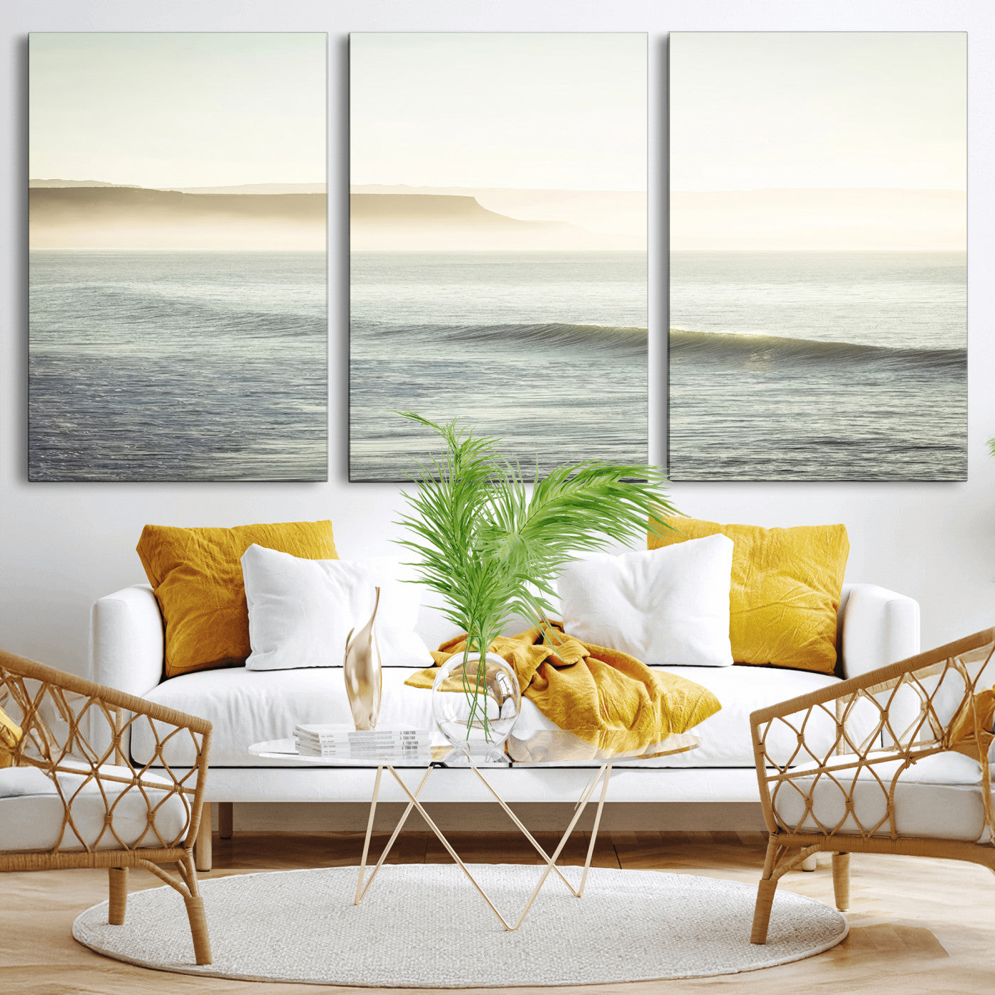 Canvas of a misty ocean scene with coastal cliffs and soft neutral tones, ideal for Scandinavian coastal or minimalist nature-inspired home decor.