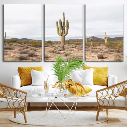 Canvas of a saguaro cactus in an earthy Sonoran desert landscape, ideal for Southwestern Boho or desert minimalism inspired home decor.   2/2