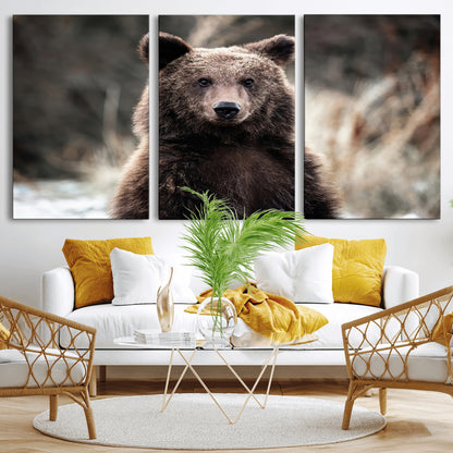 Canvas of a brown bear in soft earthy tones and moody forest light, ideal for rustic cabin or woodland nature-themed home decor.