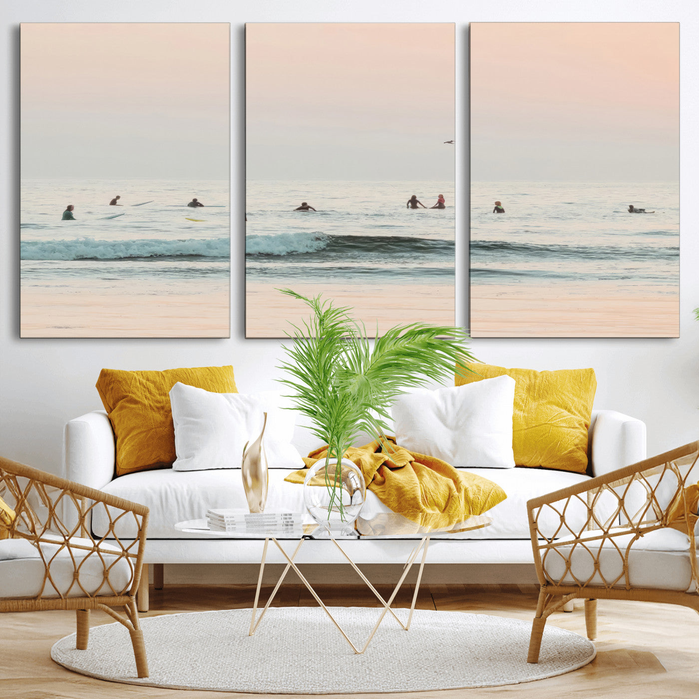 Dreamy photo of surfers waiting on soft pastel waves under a pink sunset sky, ideal for soft coastal minimalist or serene ocean-themed home decor.