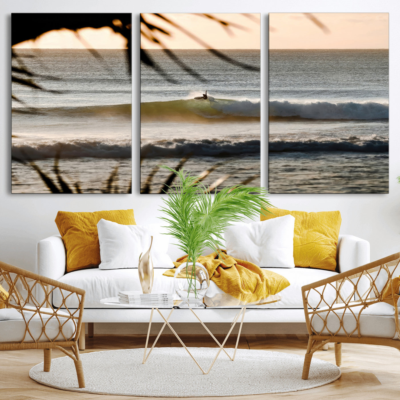 Photo of a surfer riding a golden hour wave at sunset, with tropical tones and dreamy light, perfect for tropical boho or coastal home decor.
