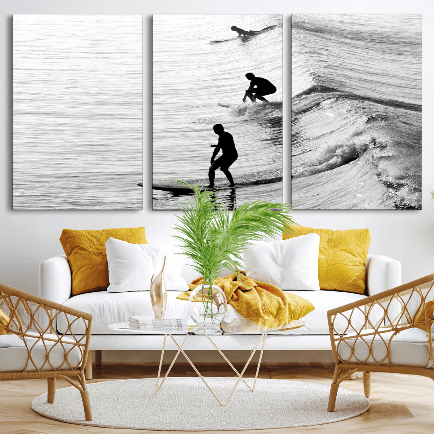 Black and white photo of surfers riding waves in a moody, high-contrast scene, ideal for modern coastal or surf-inspired home decor.