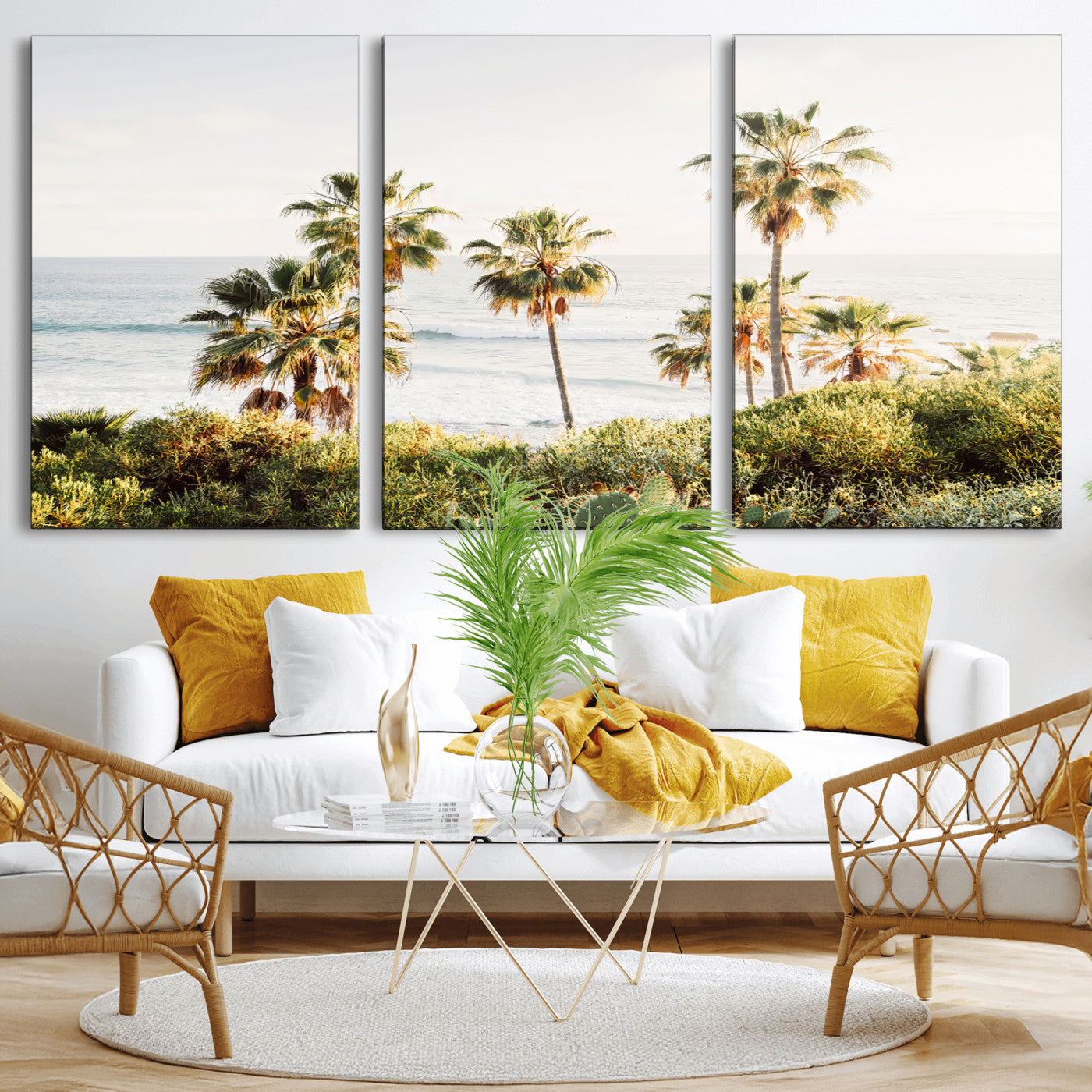 Framed print of sunlit palm trees on the California coast with warm tones, perfect for coastal minimalist or beach-style home decor.