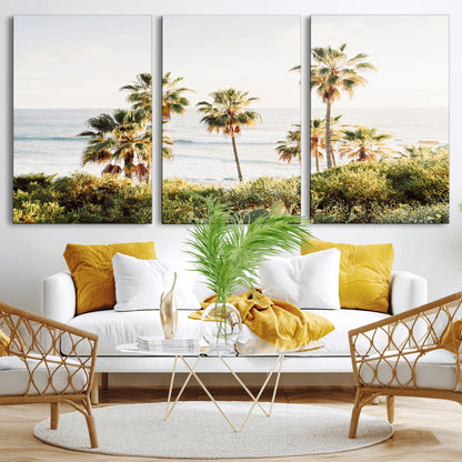 Framed print of sunlit palm trees on the California coast with warm tones, perfect for coastal minimalist or beach-style home decor.