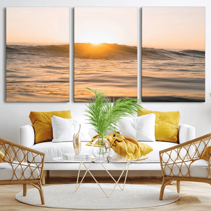 Ocean waves glowing under a warm golden sunset, reflecting soft light and calm movement, perfect for warm minimalist coastal interiors.