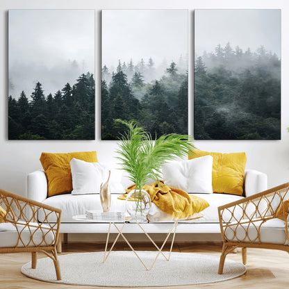 A misty evergreen forest shrouded in soft fog, creating a tranquil and moody landscape with lush green trees fading into the distance.