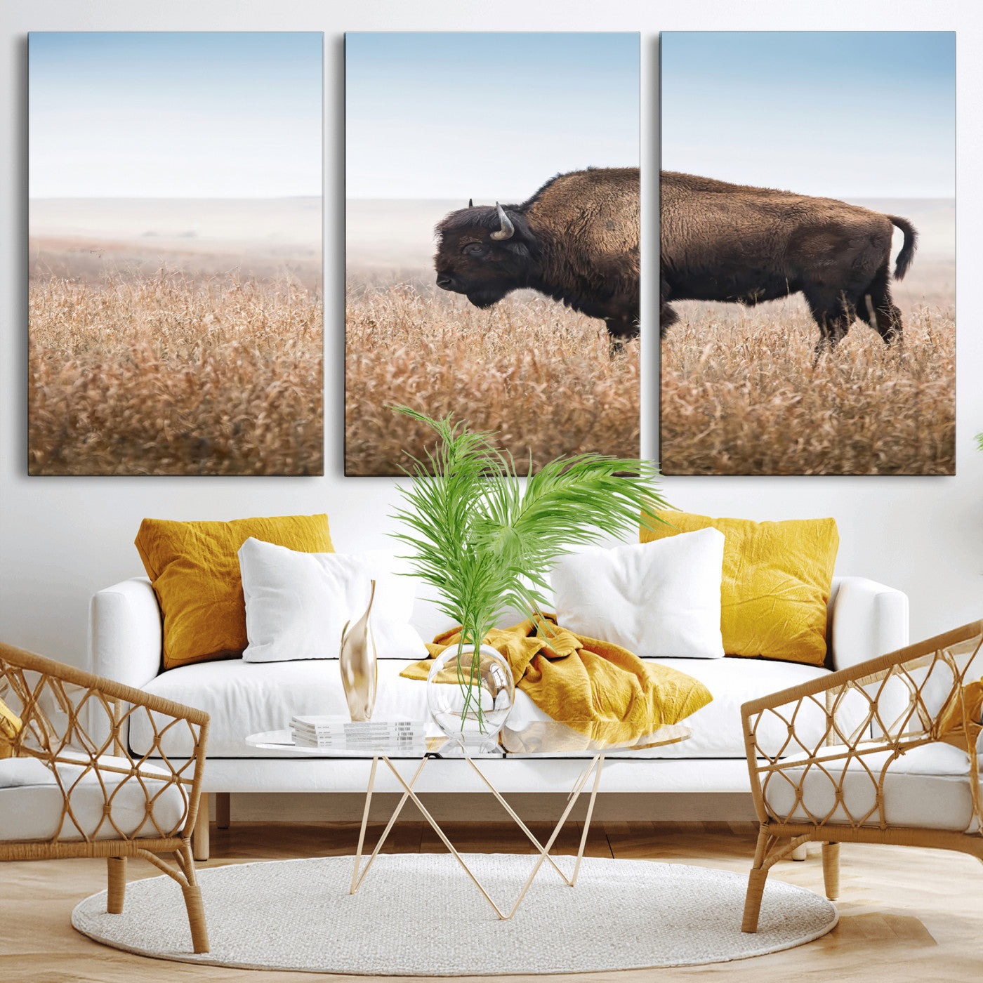 A majestic bison standing in an open prairie field, its strong form blending into the golden grass under a vast blue sky, evoking the wild spirit of the American plains.