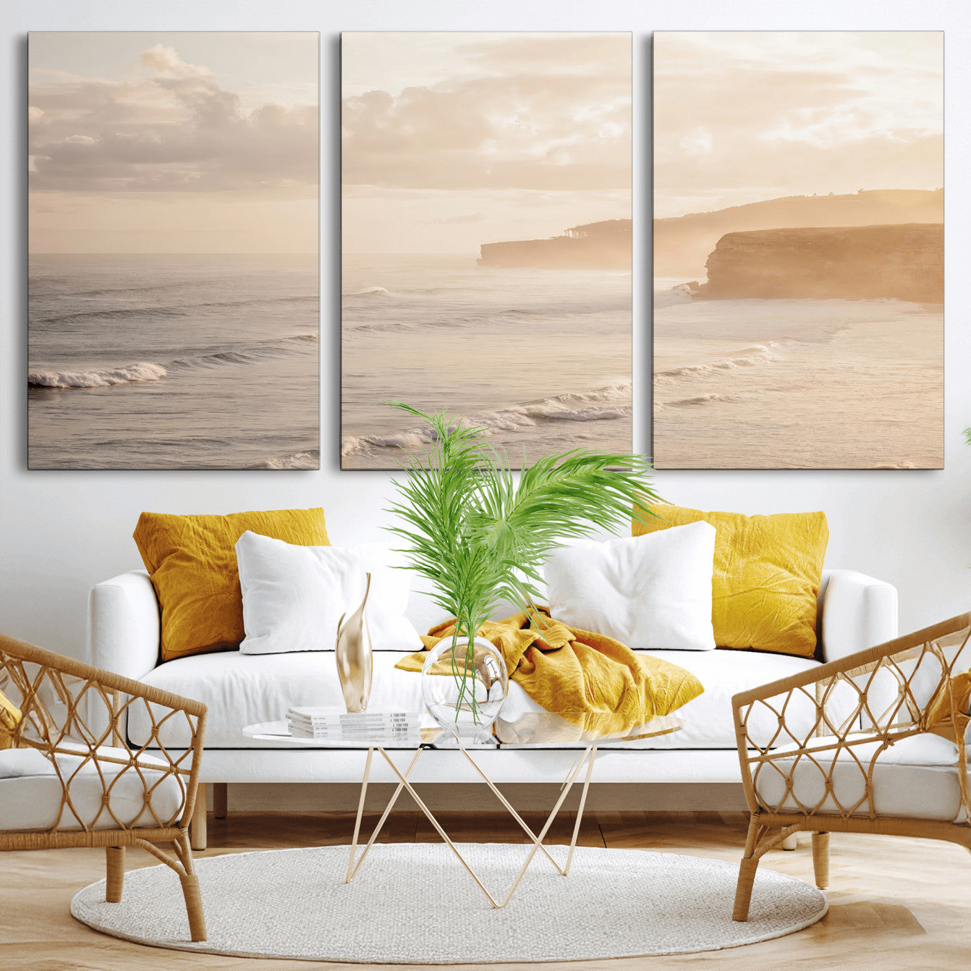 Golden hour seascape with misty cliffs and gentle waves rolling towards the shore, capturing a tranquil and warm coastal atmosphere.
