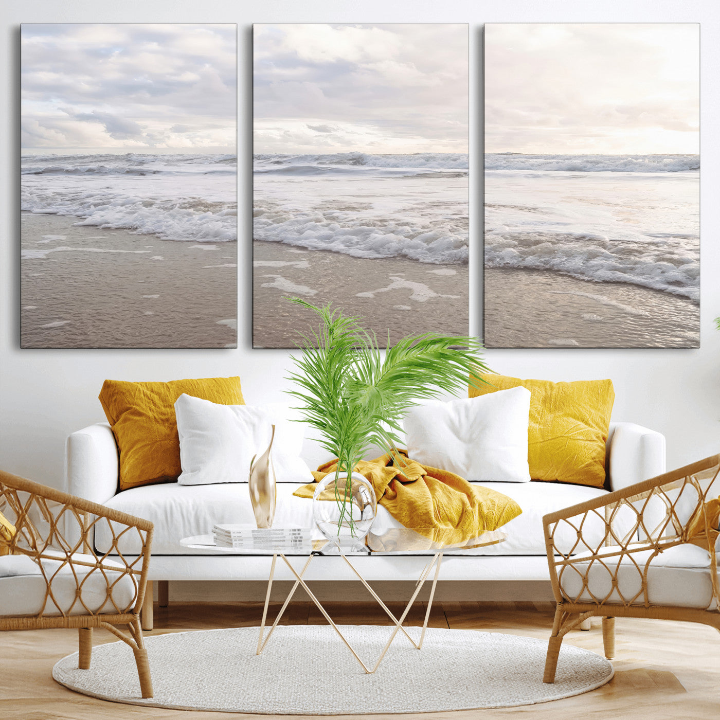 Peaceful ocean waves rolling onto the sandy shore under soft light, perfect for neutral or coastal minimalist decor themes.