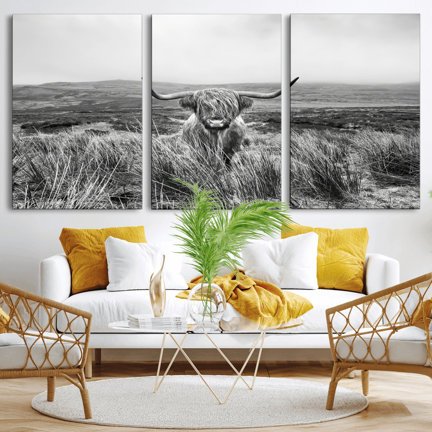 A black and white portrait of a Highland cow in a foggy Scottish countryside, capturing a rustic aesthetic and tranquil farm escape.