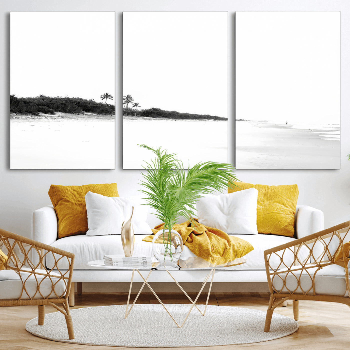 A black and white minimalist coastal scene with a vast open beach, distant palm trees, and a lone figure walking along the shoreline, evoking serenity and solitude.