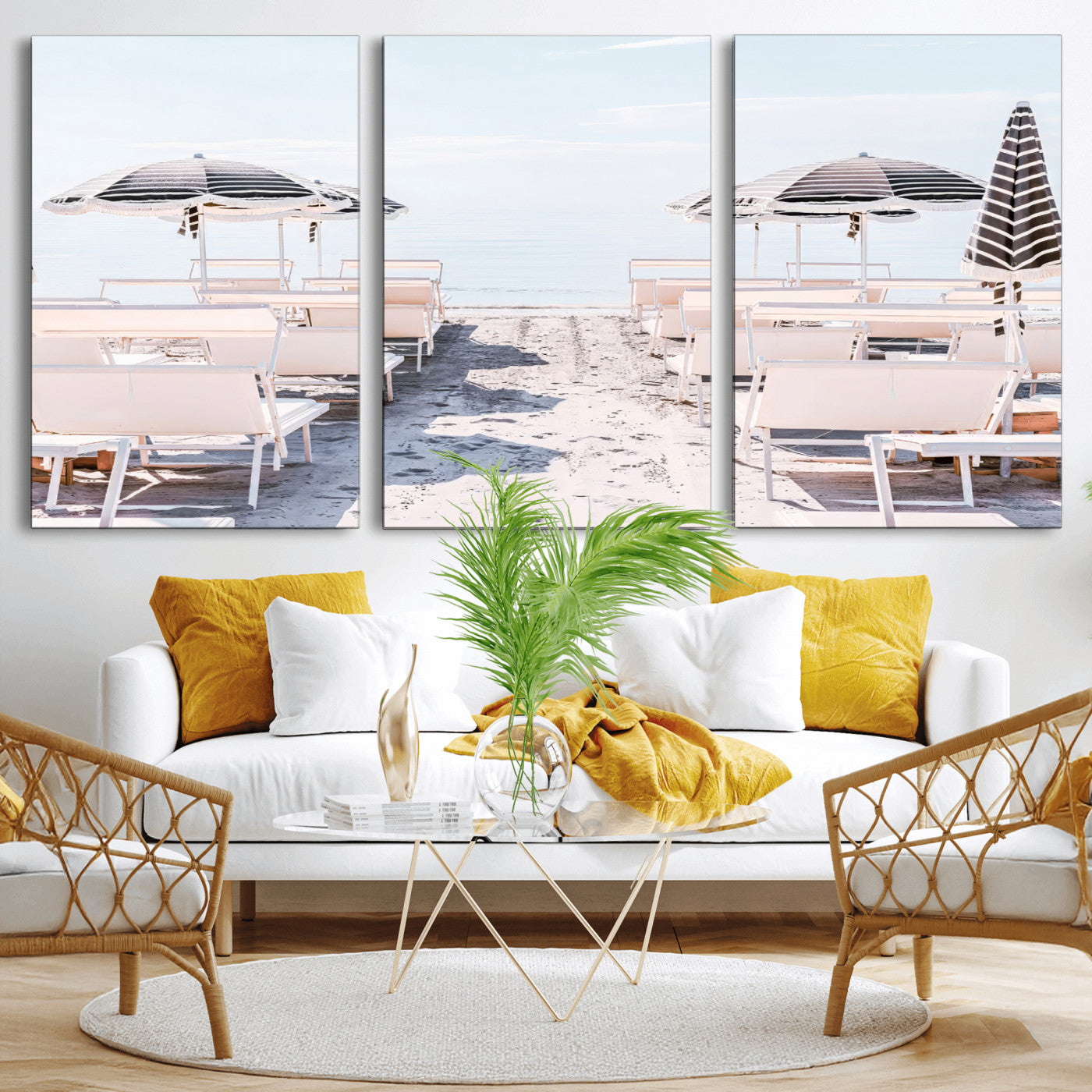 A serene minimalist beach scene featuring striped umbrellas, soft pastel sand, and an elegant lounge setup, creating a tranquil and stylish coastal retreat.