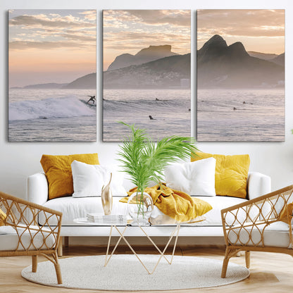 A surfer rides a golden hour wave near misty coastal mountains, surrounded by fellow surfers, capturing the spirit of a coastal adventure.