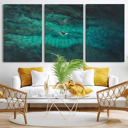 An aerial view of a solo surfer paddling through crystal-clear turquoise waters over a sunlit reef, capturing the beauty and serenity of open water surfing.