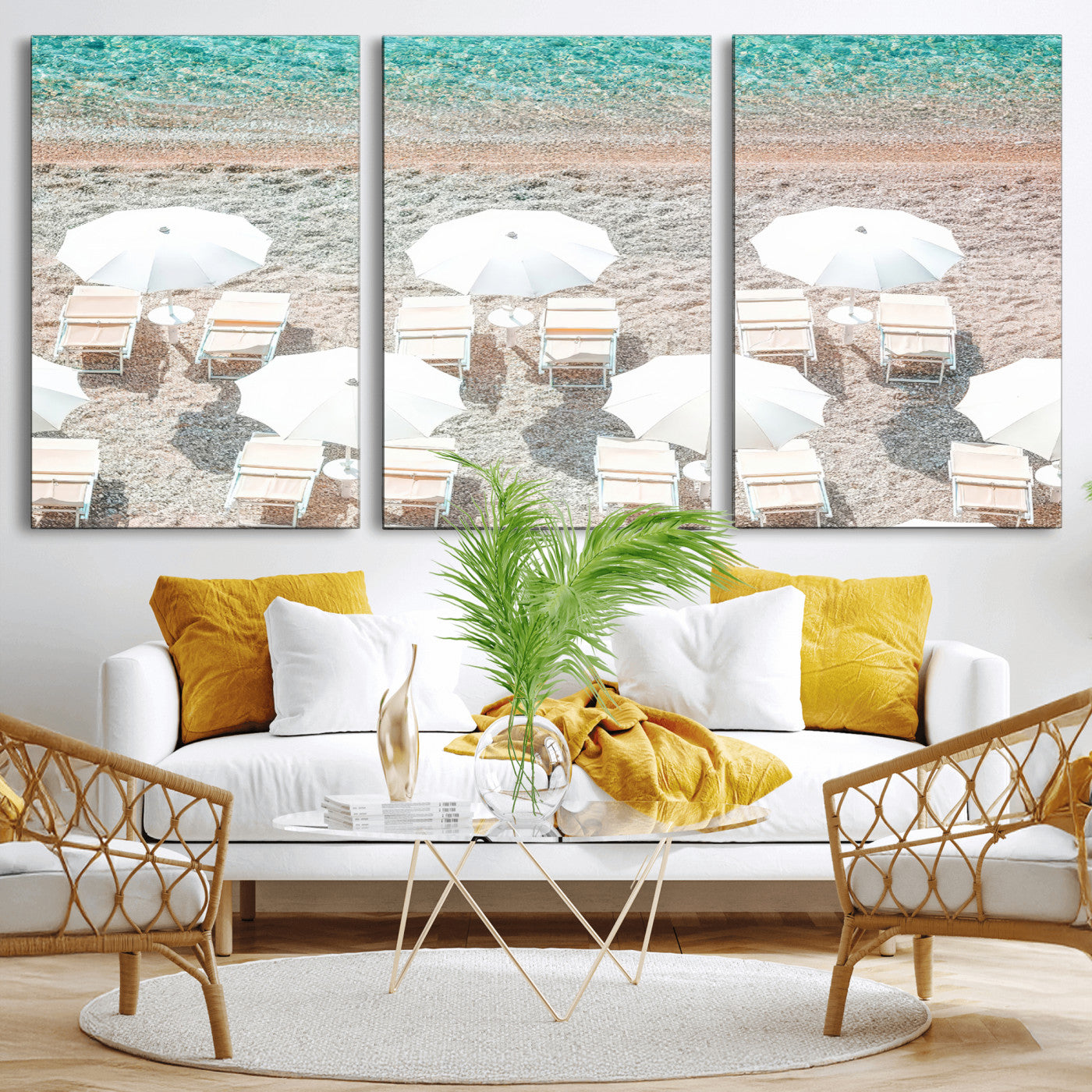 A bright beach scene with white umbrellas, pastel sand, and turquoise waters, creating a tranquil coastal vibe, perfect for beach house or summer decor.