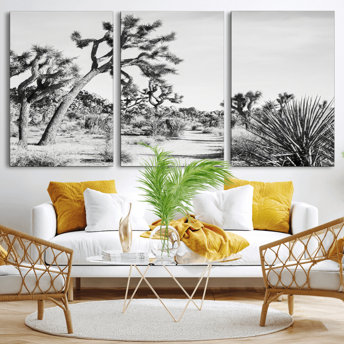 Canvas of a Joshua Tree forest in black and white tones, featuring a desert path and spiky vegetation, ideal for minimalist or rustic decor.