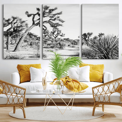 Canvas of a Joshua Tree forest in black and white tones, featuring a desert path and spiky vegetation, ideal for minimalist or rustic decor.
