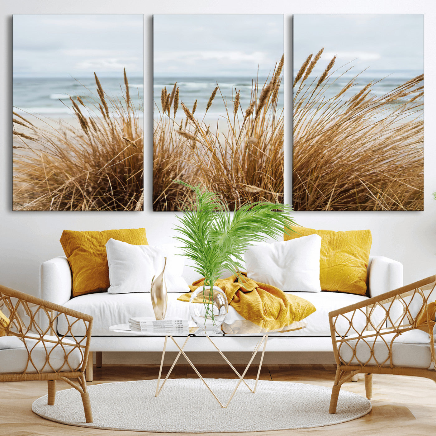 Canvas of golden beach grass swaying by the ocean under a soft cloudy sky, perfect for neutral-toned or coastal minimalist decor.