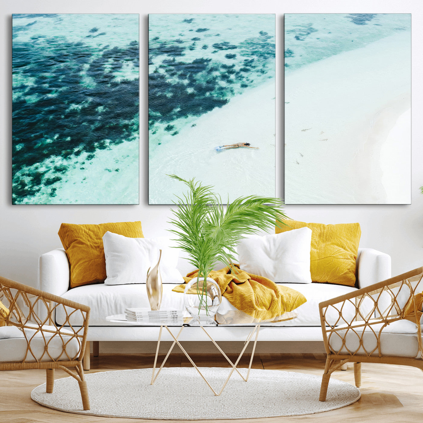 Canvas featuring an aerial view of a swimmer in shallow turquoise waters with coral patterns, ideal for tropical coastal home decor.