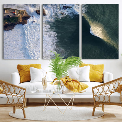 Canvas showing an aerial view of crashing waves along the Nazaré coastline, perfect for dramatic coastal or ocean-themed home decor.