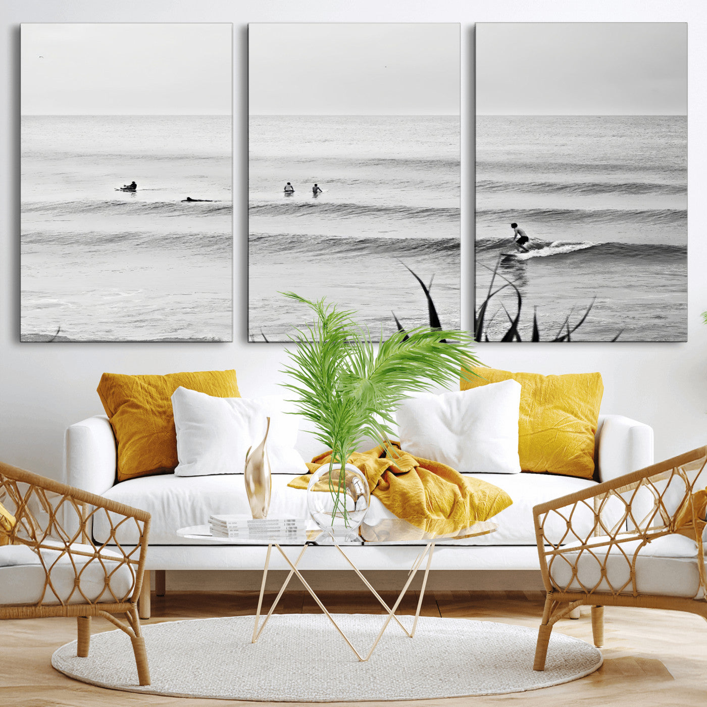 Monochrome canvas of surfers on calm ocean waves, ideal for minimalist coastal or beach-inspired interior decor.