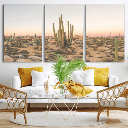 Canvas of tall desert cacti in warm sunset tones over a rocky Baja landscape, ideal for earthy or Southwestern-style home decor.
