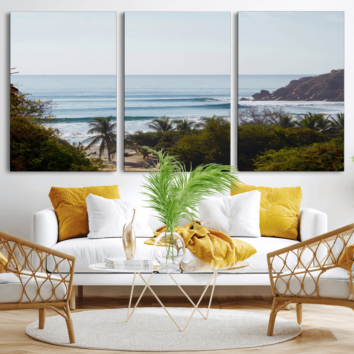 View of calm ocean waves with palm trees and a tropical coastline, ideal for coastal boho or beach-themed wall decor.