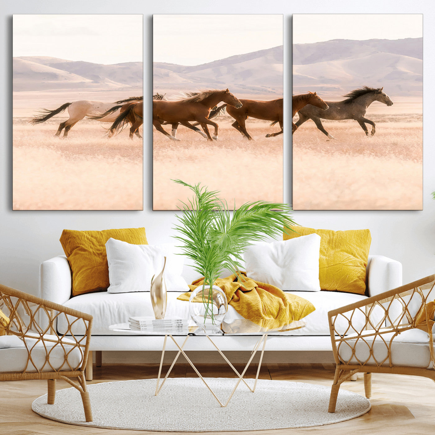 A herd of wild horses galloping through a sunlit desert plain with mountains in the background, perfect for rustic or western-themed wall decor.