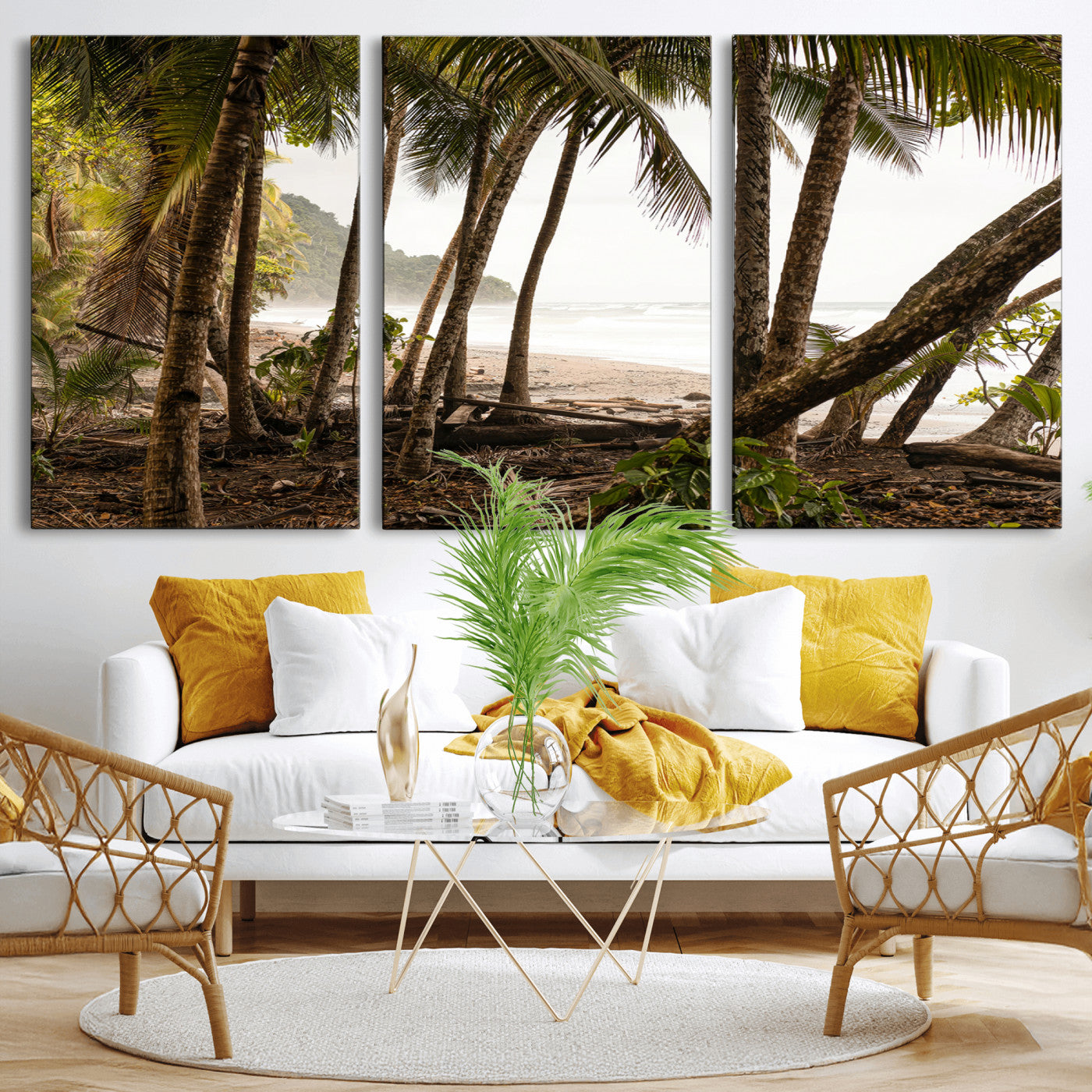 Dense tropical palm trees framing a sandy beach and ocean shore, ideal for jungle or coastal themed interior wall decor.