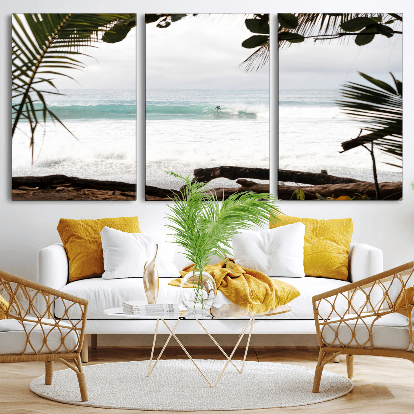 Tropical beach view with palm trees and surfer riding a wave, perfect for boho or coastal-inspired interior wall decor.
