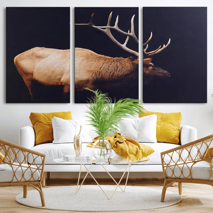 Side profile of an elk with large antlers on dark background, creating a bold rustic statement for cabin or Western-themed decor.