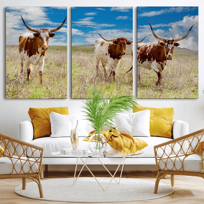 Three Texas longhorn cattle standing in dry grass under a bright blue sky, ideal for farmhouse or western rustic home decor.