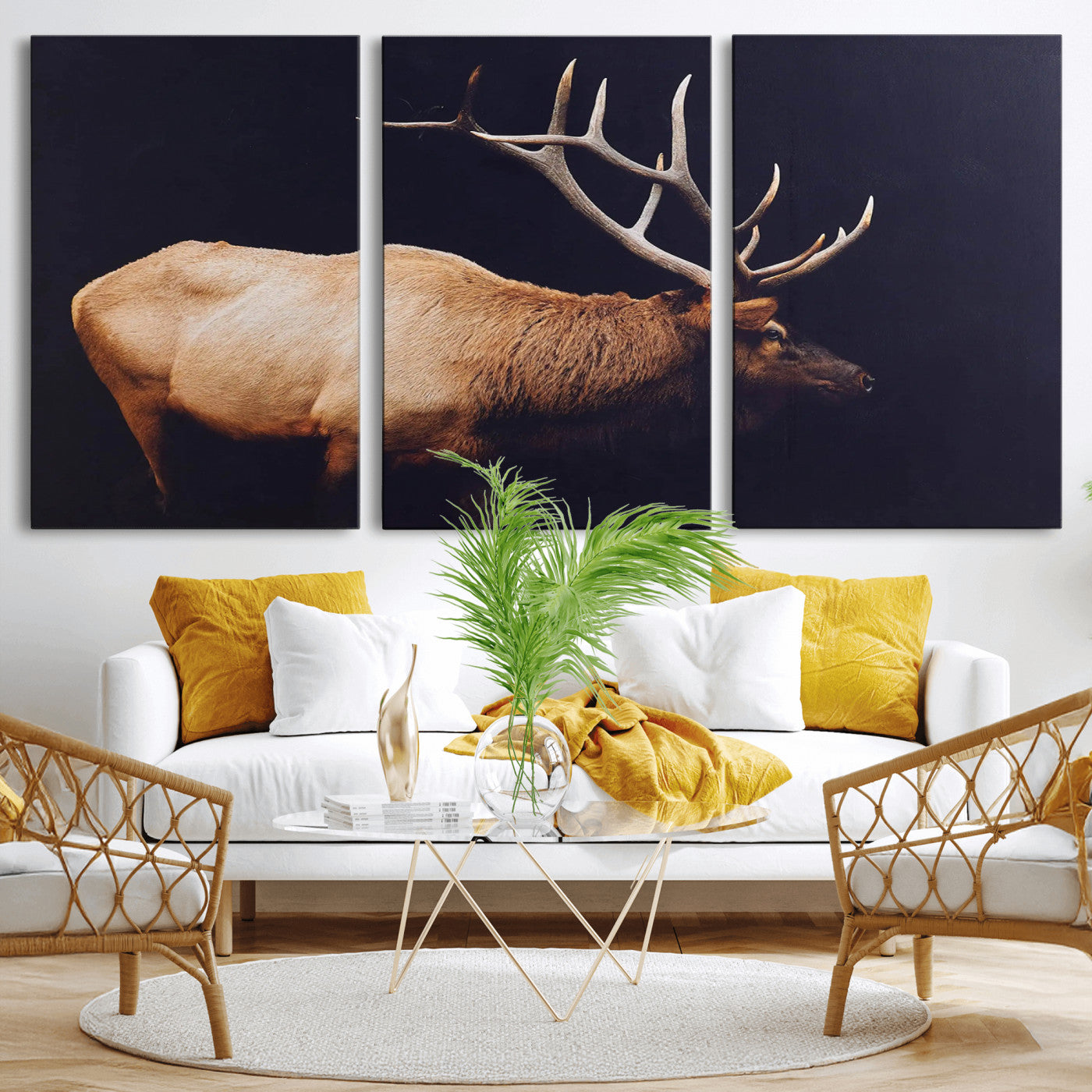 Side view of a majestic elk with large antlers against dark background, perfect for rustic lodge or cabin style home decoration.