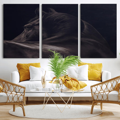 Close-up of a black horse with dramatic lighting on a dark background, perfect for rustic or masculine home decor.
