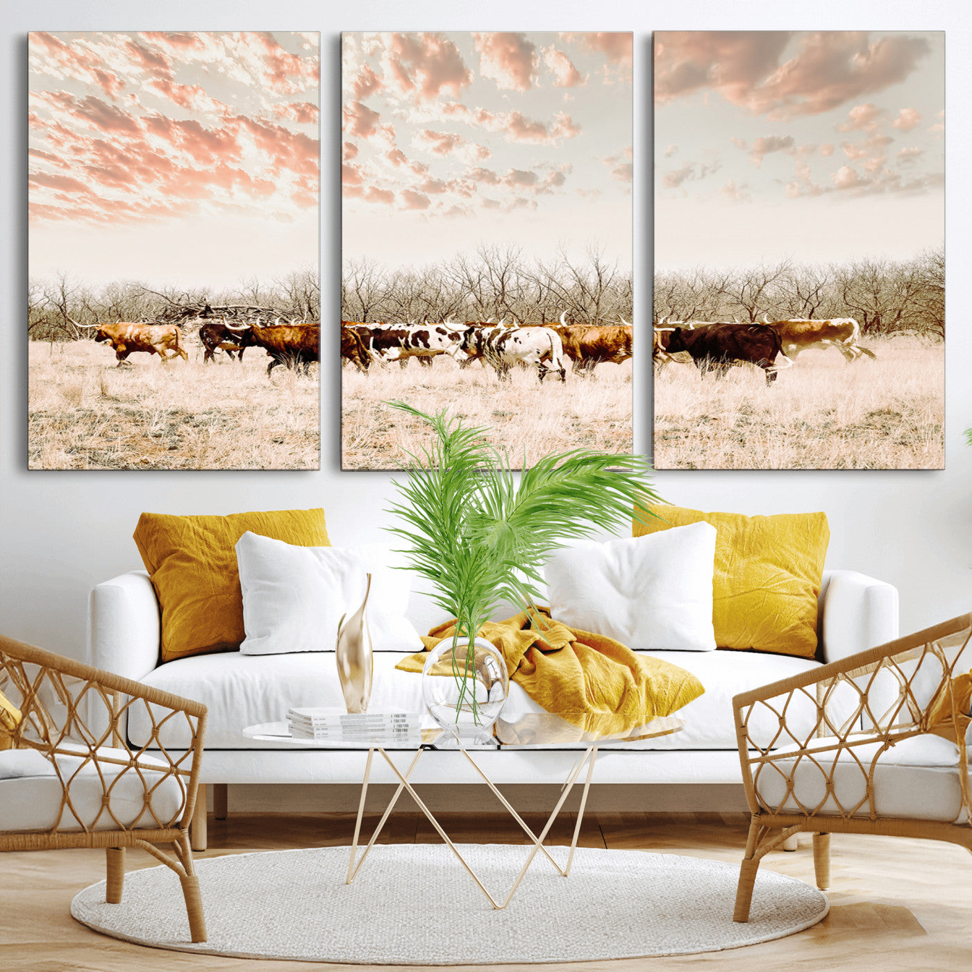 Cattle herd in a soft-toned field under a pastel pink sky, creating a peaceful rustic feel, perfect for farmhouse or western-themed spaces.
