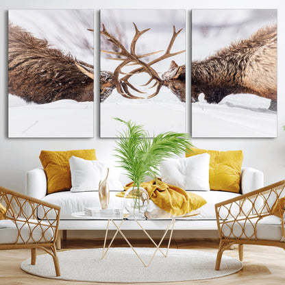 Two elk clashing antlers in a snowy forest, capturing raw power and wild energy, ideal for rustic cabin or lodge-style decor.