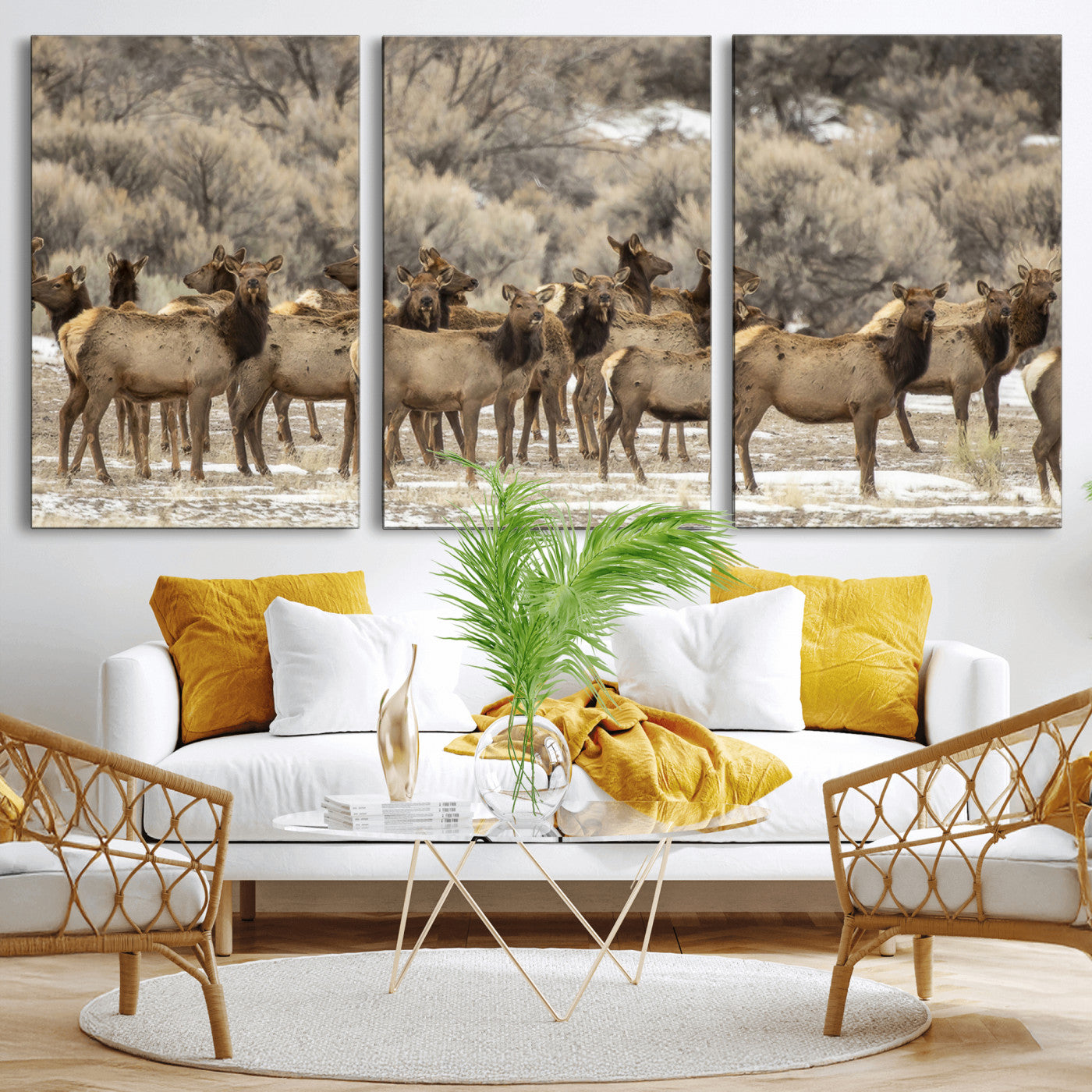 A large herd of elk standing in an open field with soft earthy tones, ideal for rustic lodge or western-themed home wall decor.
